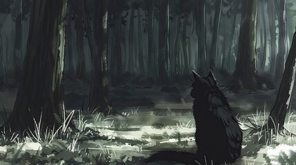  A feline perched amidst the woods, gazing upward towards the horizon with surrounding foliage in the backdrop