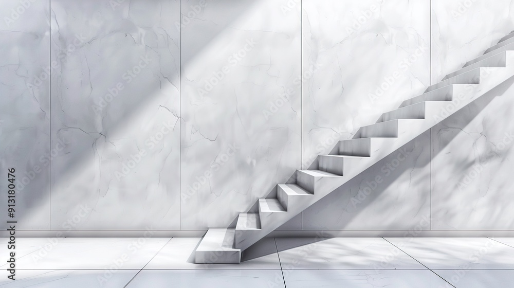 Poster a set of stairs ascending to a wall with a clock positioned atop one of the steps and a window situa