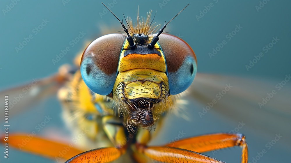 Wall mural close-up macro shot of a colorful insect with large eyes and detailed features against a blurred bac