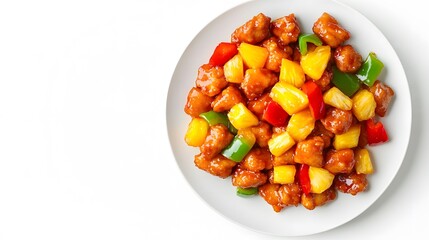 A realistic top view of a plate of sweet and sour chicken with bell peppers and pineapple chunks, arranged on a white background, chinese food