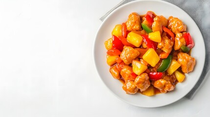 A realistic top view of a plate of sweet and sour chicken with bell peppers and pineapple chunks, arranged on a white background, chinese food