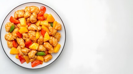 A realistic top view of a plate of sweet and sour chicken with bell peppers and pineapple chunks, arranged on a white background, chinese food
