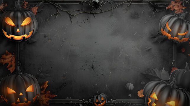 A Halloween-themed background featuring black jack-o'-lanterns with glowing orange facial features in the top left, top right, and bottom right corners. The backdrop is a dark, grungy texture with sca