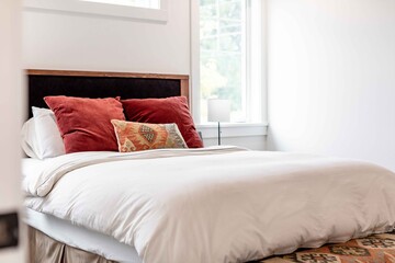 Bed in Bedroom with Colorful Pillows Angled View