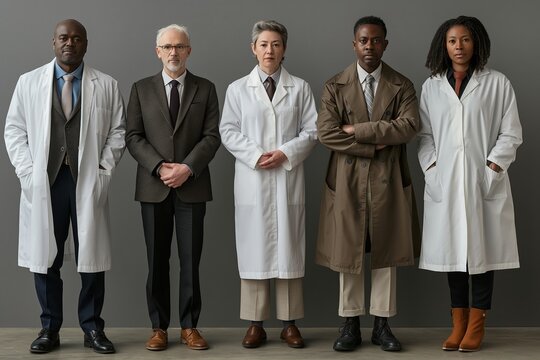 A diverse group of five scientists in lab coats stands confidently against a neutral background