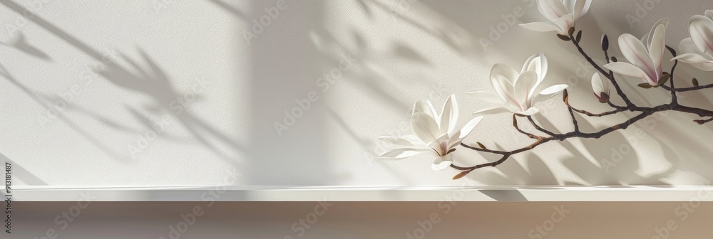 Poster mockup of a white empty shelf with natural light window shadows and a border of fresh magnolia