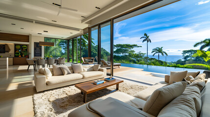 Fototapeta premium A modern tropical retreat with floor-to-ceiling windows offering breathtaking views of the ocean and lush gardens.
