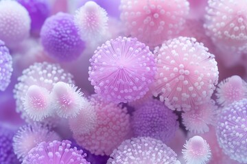 A close-up view of colorful, spherical microbiological structures in shades of white and violet, resembling microorganisms or spores