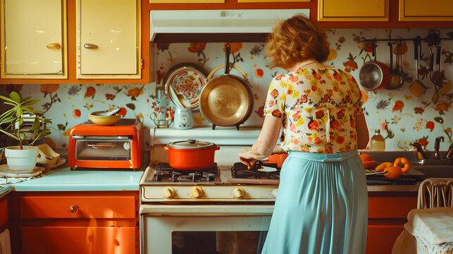 A mother cooking in a 1970s kitchen with colorful appliances and decor.