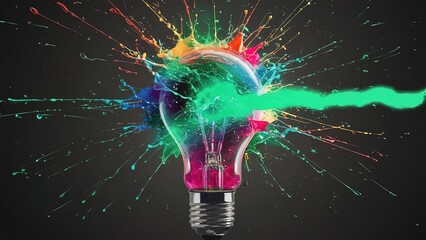 A colorful light bulb with a green light shining through it