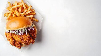 A realistic top view of a crispy fried chicken sandwich with coleslaw and a side of waffle fries, placed on a white background, American Food