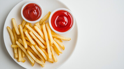 A plate with fries and ketchup against a white background, emphasizing the classic combination of crispy fries and savory dipping sauce.