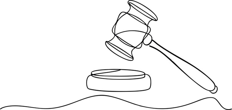 Minimalistic Continuous Line Drawing of Judge's Gavel and Sound Block
