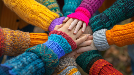 Friends putting hands together and showing friendship and wearing colourful sweaters