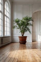 Fototapeta premium A large plant is sitting in a pot on a wooden floor in a room with white walls