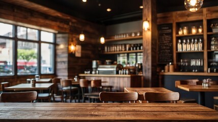 A restaurant with wooden tables and chairs, and a chalkboard menu