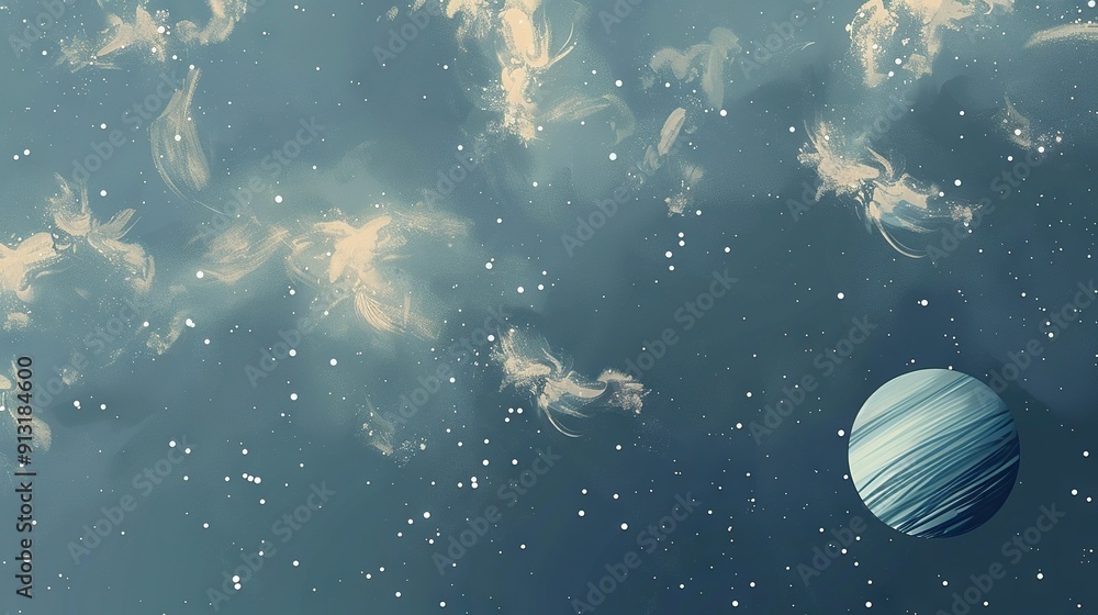 Poster an artist's rendition of a planet in the sky against a backdrop of stars and other celestial objects