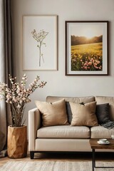 A living room with a couch, a coffee table, and a vase of flowers