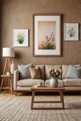 A living room with a couch, coffee table, and a vase of flowers