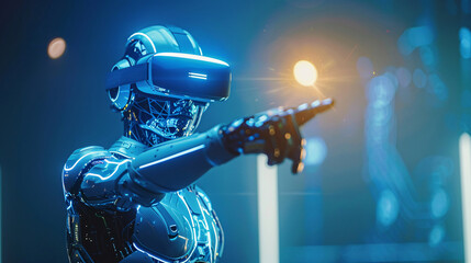 Fototapeta premium robot pointing his finger in a blue tech background with glowing lights