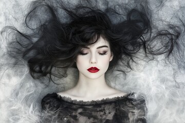 Fototapeta premium A conceptual portrait of a woman with dark, voluminous hair and striking red lips, lying against a smoky background