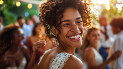 Fototapeta premium Portrait of a happy African American woman having fun at a summer party. Young woman enjoying an outdoor holiday at sunset. Holiday, party concept.