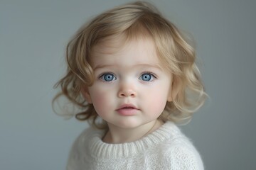 Naklejka premium A close-up portrait of a female toddler with curly blonde hair and striking blue eyes, wearing a cozy white sweater