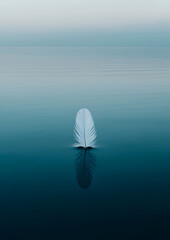 Delicate White Feather Reflected on Still Water, Emphasizing Serenity and Calm in a Peaceful, Minimalist Composition