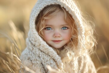 A young child with curly blonde hair and bright blue eyes, wearing a cozy cream-colored knitted hoodie, surrounded by tall golden grass