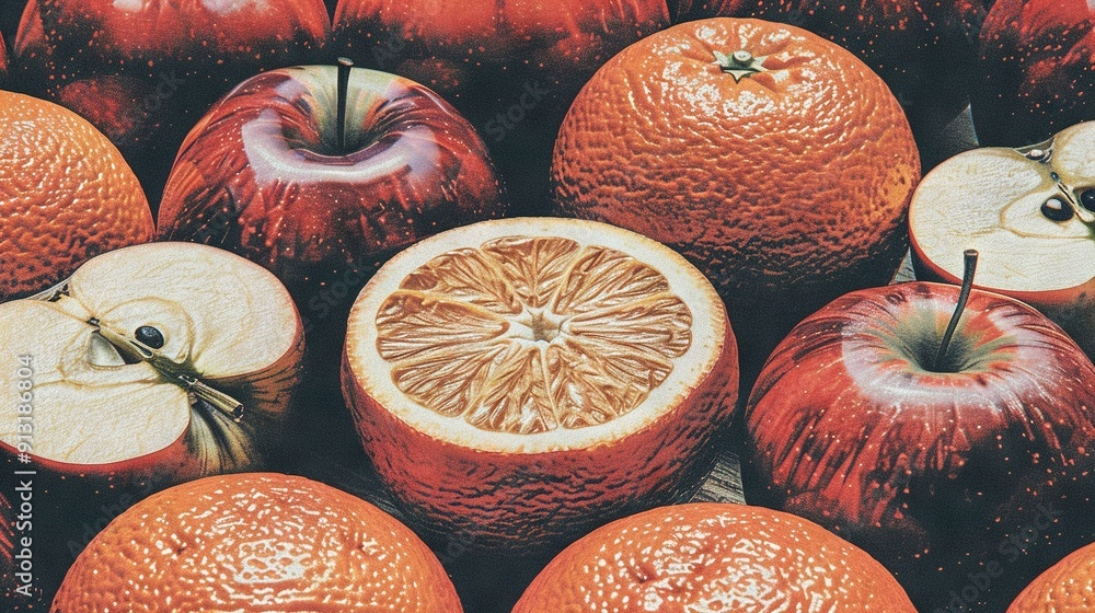 Poster a group of apples and oranges, each with faces crafted from apples and oranges