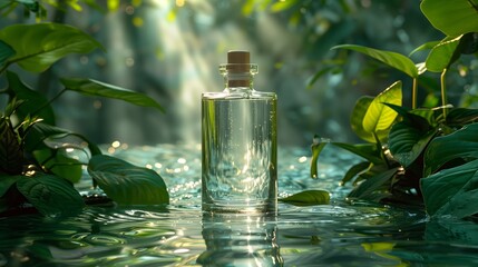 Clear Glass Bottle Filled With Water Surrounded by Lush Green Plants in a Sunlit Forest at Dawn