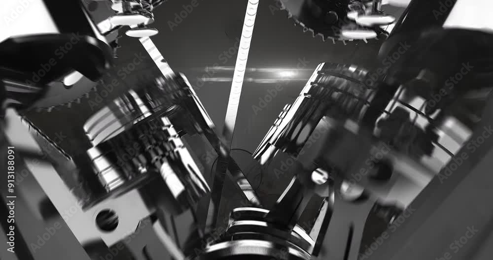 Poster camera flying to center of v8 car engine. pistons, chains and crankshaft moving. industry related hi