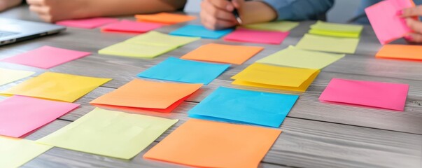 Diverse team brainstorming around a table with vibrant sticky notes, multicultural office setting, business collaboration