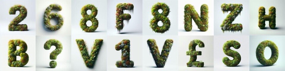Grass and moss Lettering Typeface. AI generated illustration