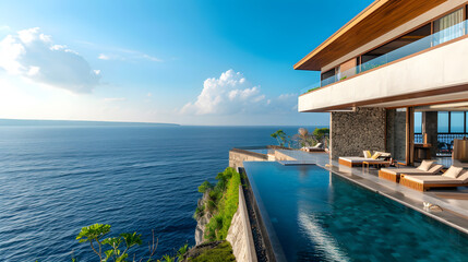 Obraz premium A picturesque clifftop villa with a private pool and expansive views of the ocean and horizon.