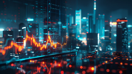 Fototapeta premium Leverage trading stock market graph with skyscaper skyline abstract background 