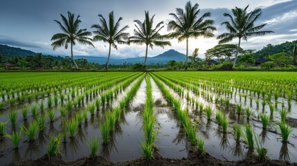 Lush green rice paddies with palm trees during sunset, showcasing serene agricultural beauty.