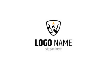 arm wrestling bodybuilding logo in shield shape with stars flat vector design
