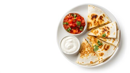 A realistic top view of a plate of quesadillas with melted cheese and a side of salsa and sour cream, arranged on a clean white background