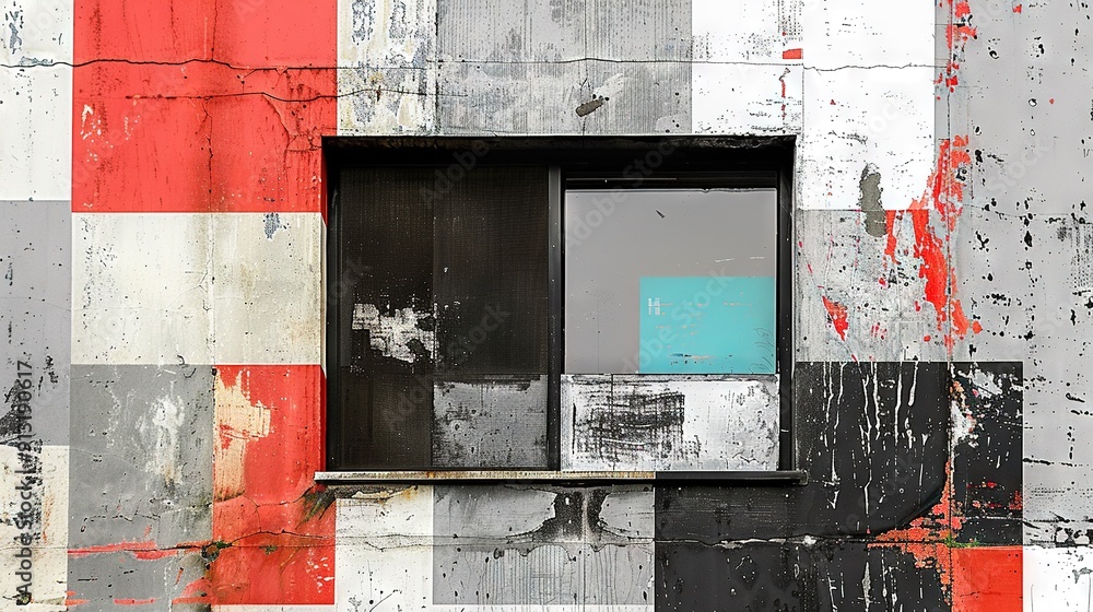 Poster a colorful wall featuring an open window and two stop signs on either side