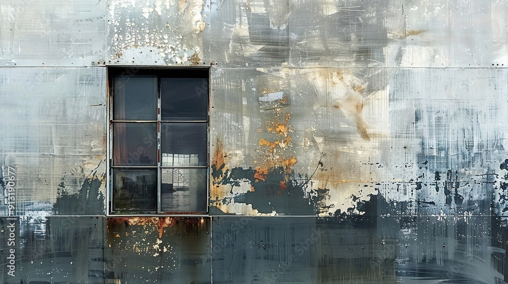 Poster a painting of a building with a window reflecting two buildings inside
