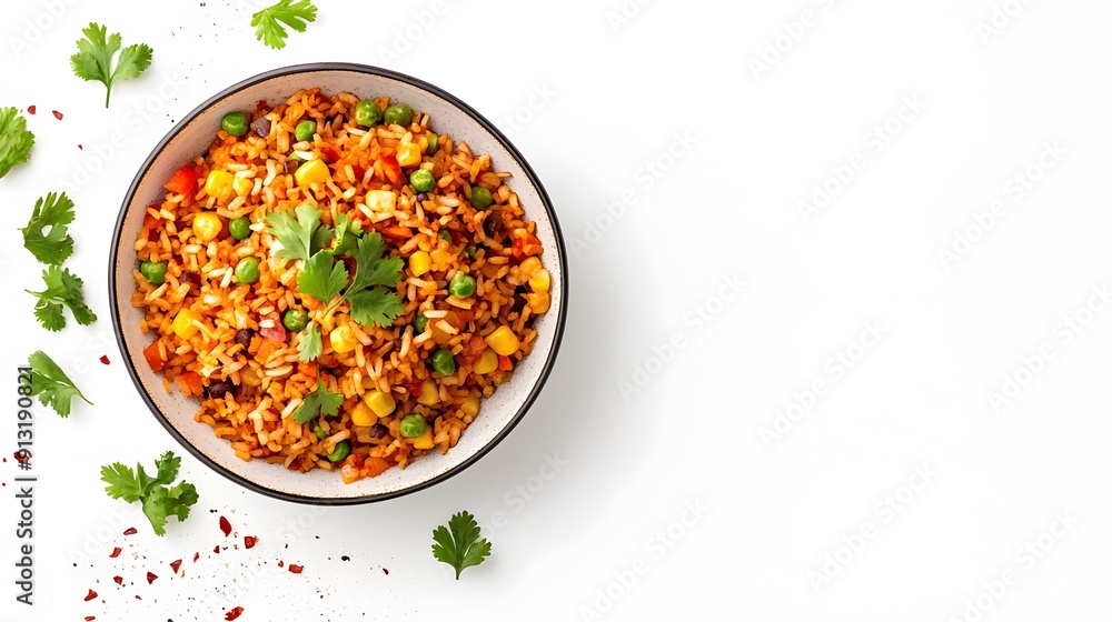 Wall mural A realistic top view of a bowl of Mexican rice with vegetables and a sprinkle of fresh cilantro, set against a white background, mexican food