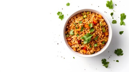 A realistic top view of a bowl of Mexican rice with vegetables and a sprinkle of fresh cilantro, set against a white background, mexican food