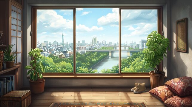   A  bear rests on the floor while a city skyline and river view outshine through a window