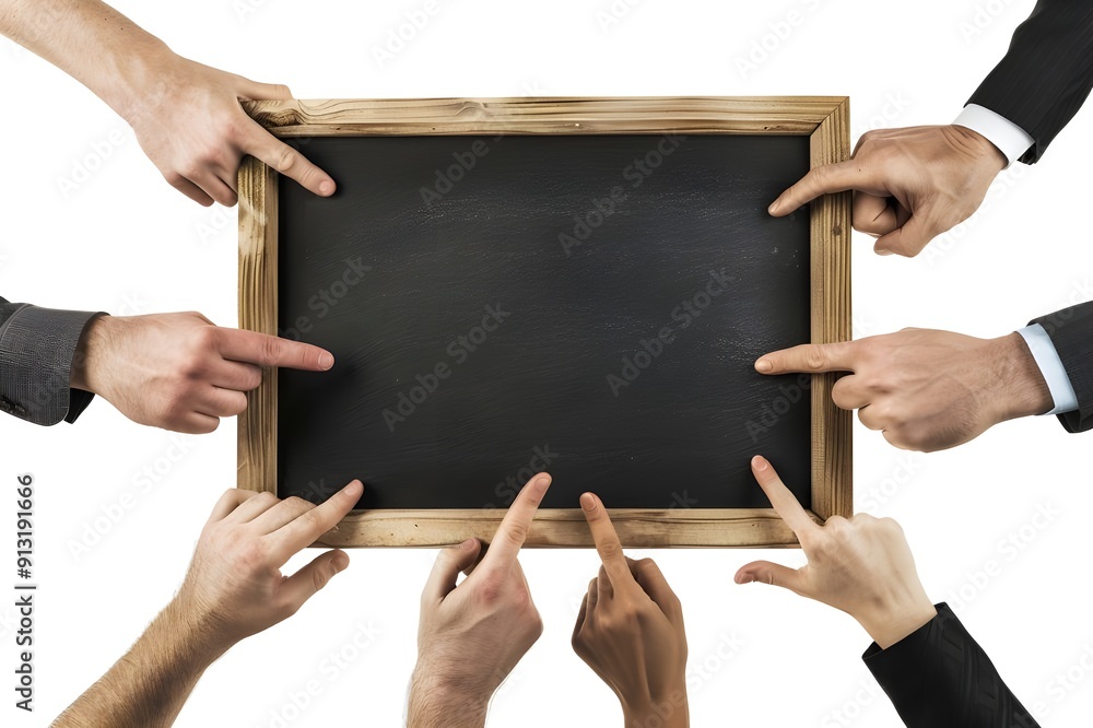 Poster in the center of an isolated white background, there is one blackboard with a wooden frame and blank