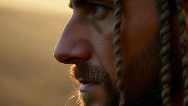 A closeup of a warriors face shows delicate threads woven in their hair symbolizing their spiritual journey.