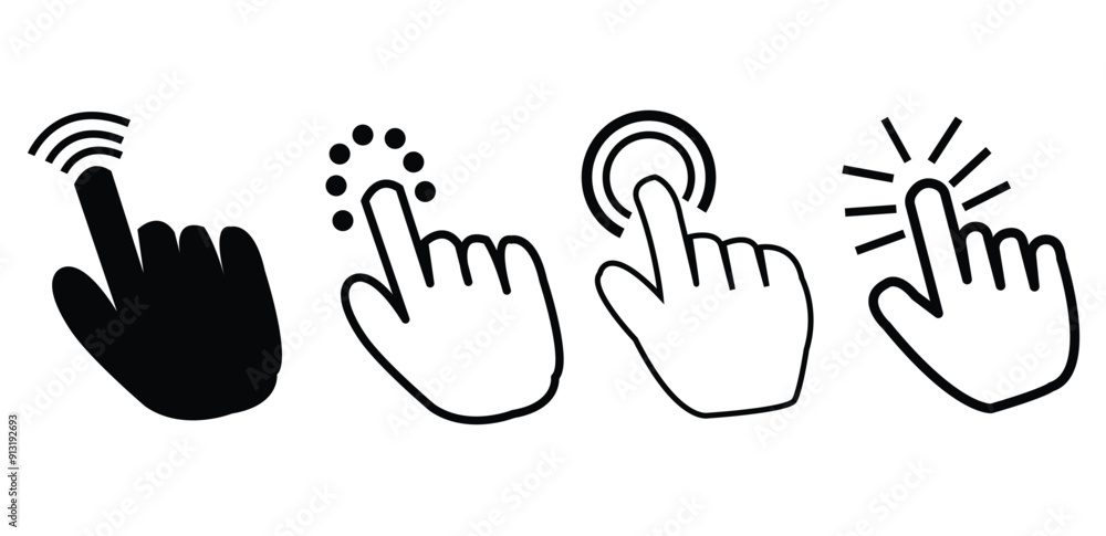 Poster hand cursor icon set. hand click pointer. clicking finger icon. computer mouse click set. click icon