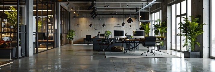 Modern empty blank interior office room for work, Mockup Frame-Minimalistic concrete coworking office