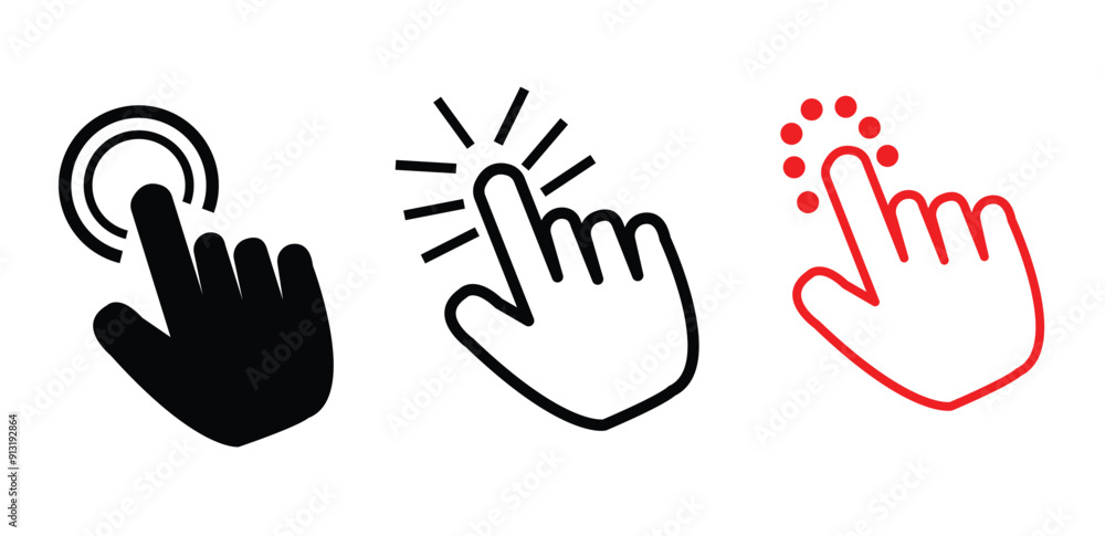 Poster hand cursor icon set. hand click pointer. clicking finger icon. computer mouse click set. click icon
