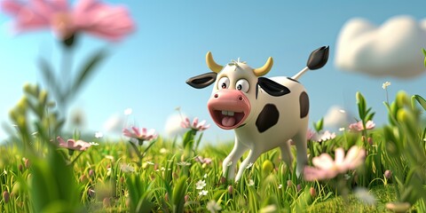 cow 3D animation cartoon style, colorful, happy, friendly, 3d cartoon, nature, outdoors
